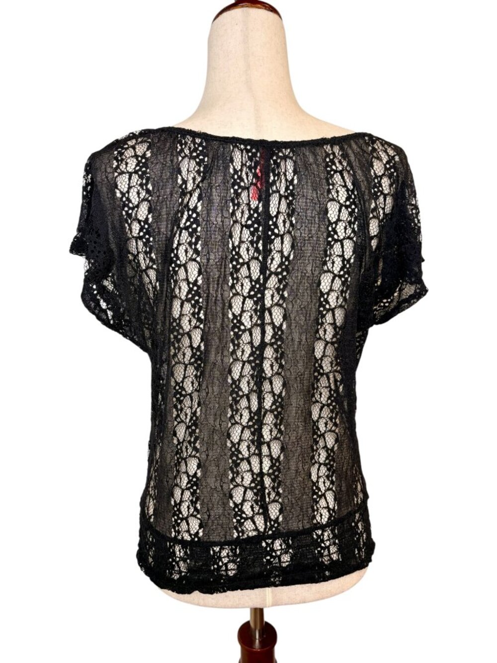 Black Sheer Lace Short Sleeve Top Romantic Goth Coquette Boho Large - Picture 4 of 5